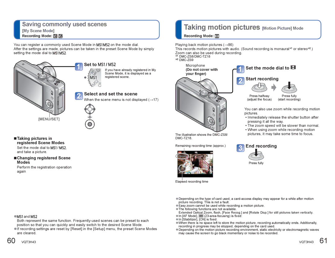 Panasonic DMCZS8K manual Taking motion pictures Motion Picture Mode, Saving commonly used scenes, My Scene Mode 