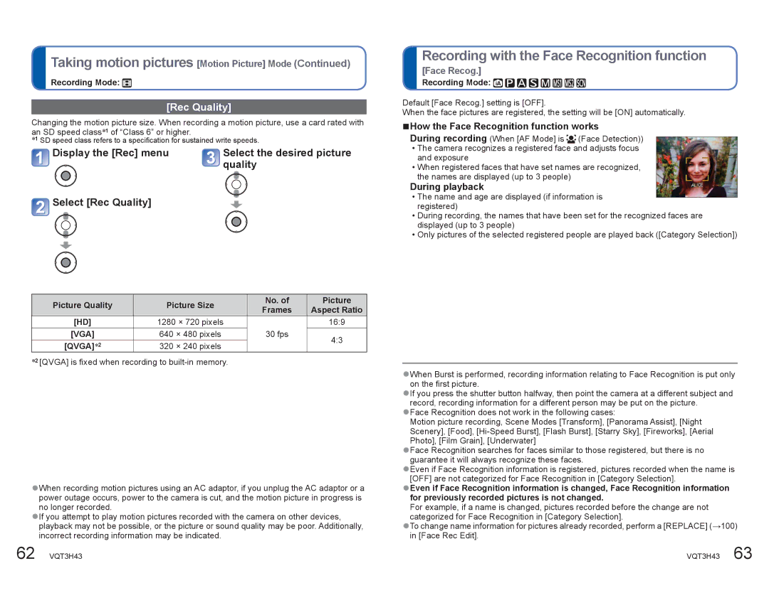 Panasonic DMCZS8K Taking motion pictures Motion Picture Mode, Recording with the Face Recognition function, Rec Quality 