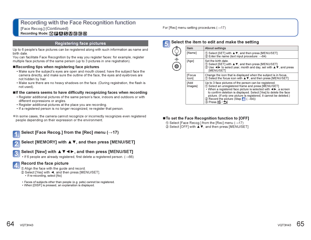 Panasonic DMCZS8K manual Registering face pictures, Record the face picture, Select the item to edit and make the setting 