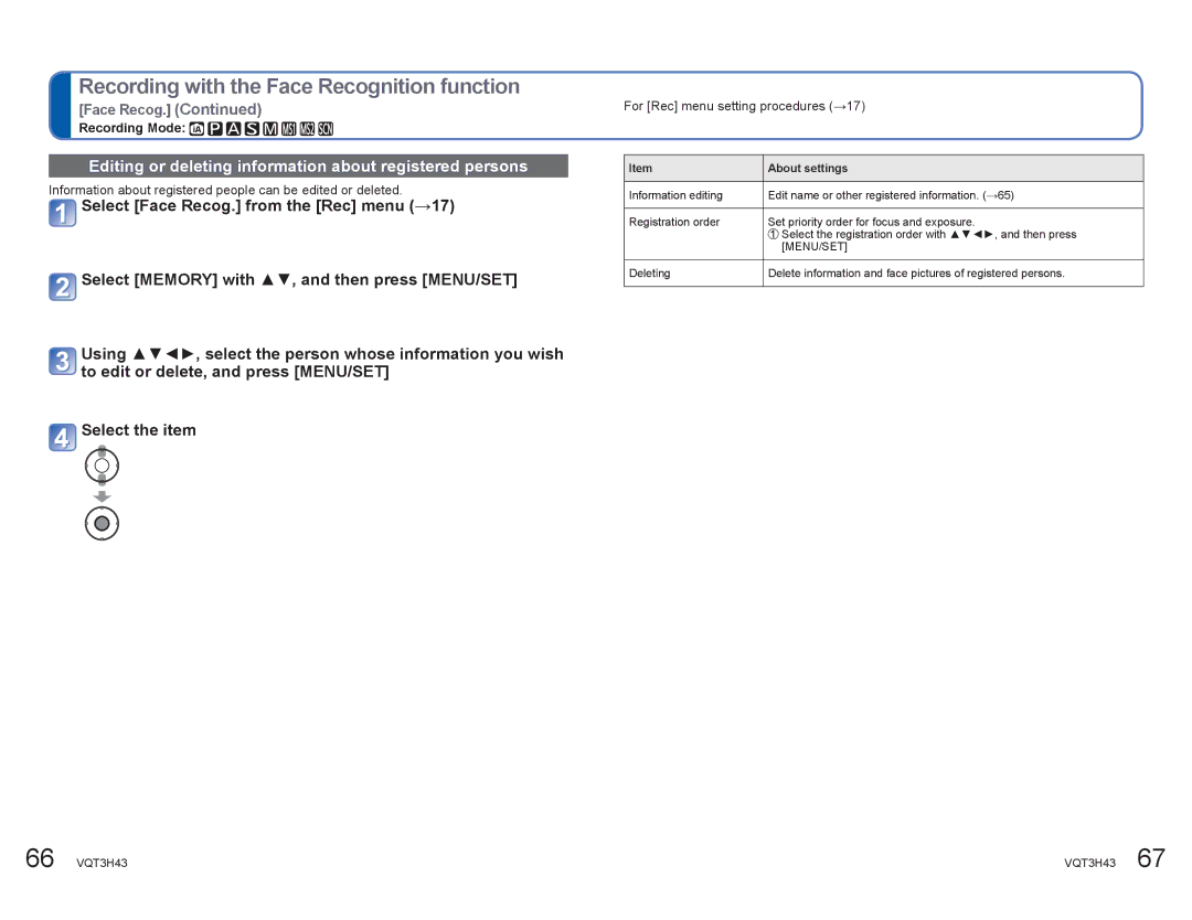 Panasonic DMCZS8K manual Editing or deleting information about registered persons 