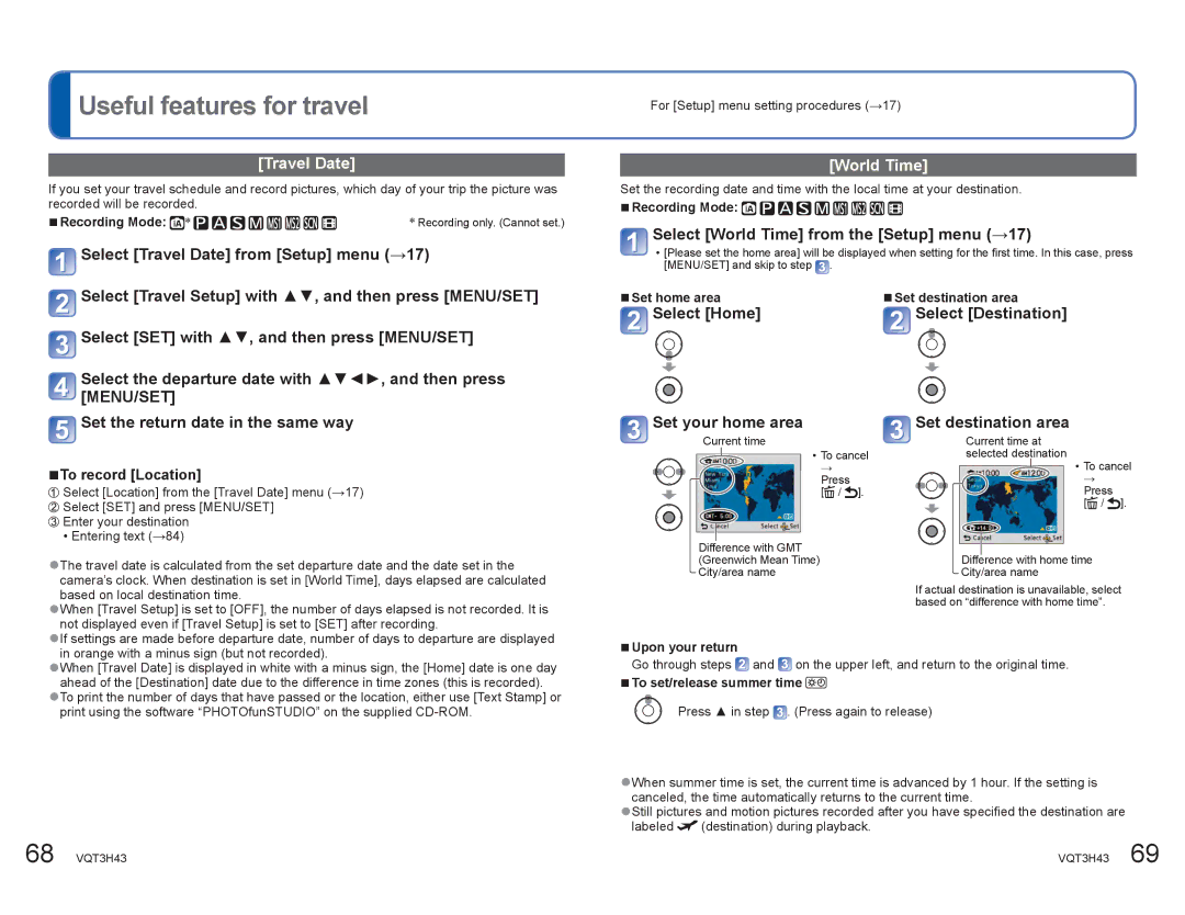 Panasonic DMCZS8K manual Useful features for travel, Travel Date, World Time 