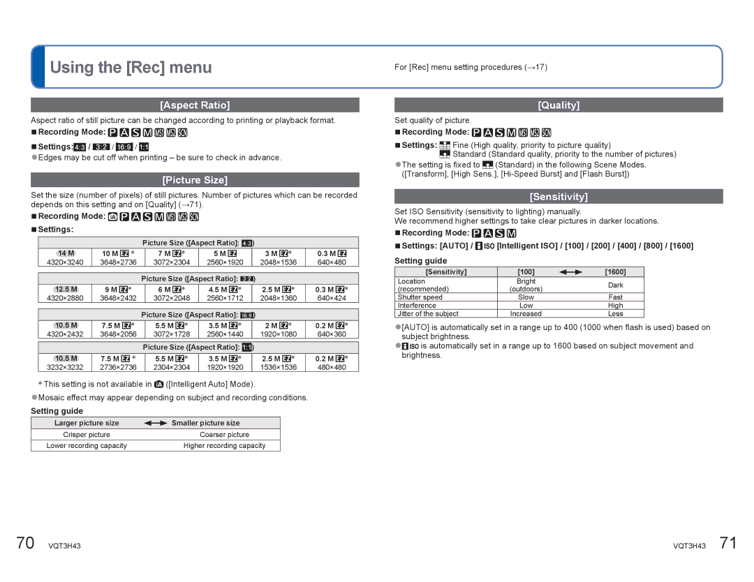 Panasonic DMCZS8K manual Using the Rec menu, Aspect Ratio, Picture Size, Quality, Sensitivity 