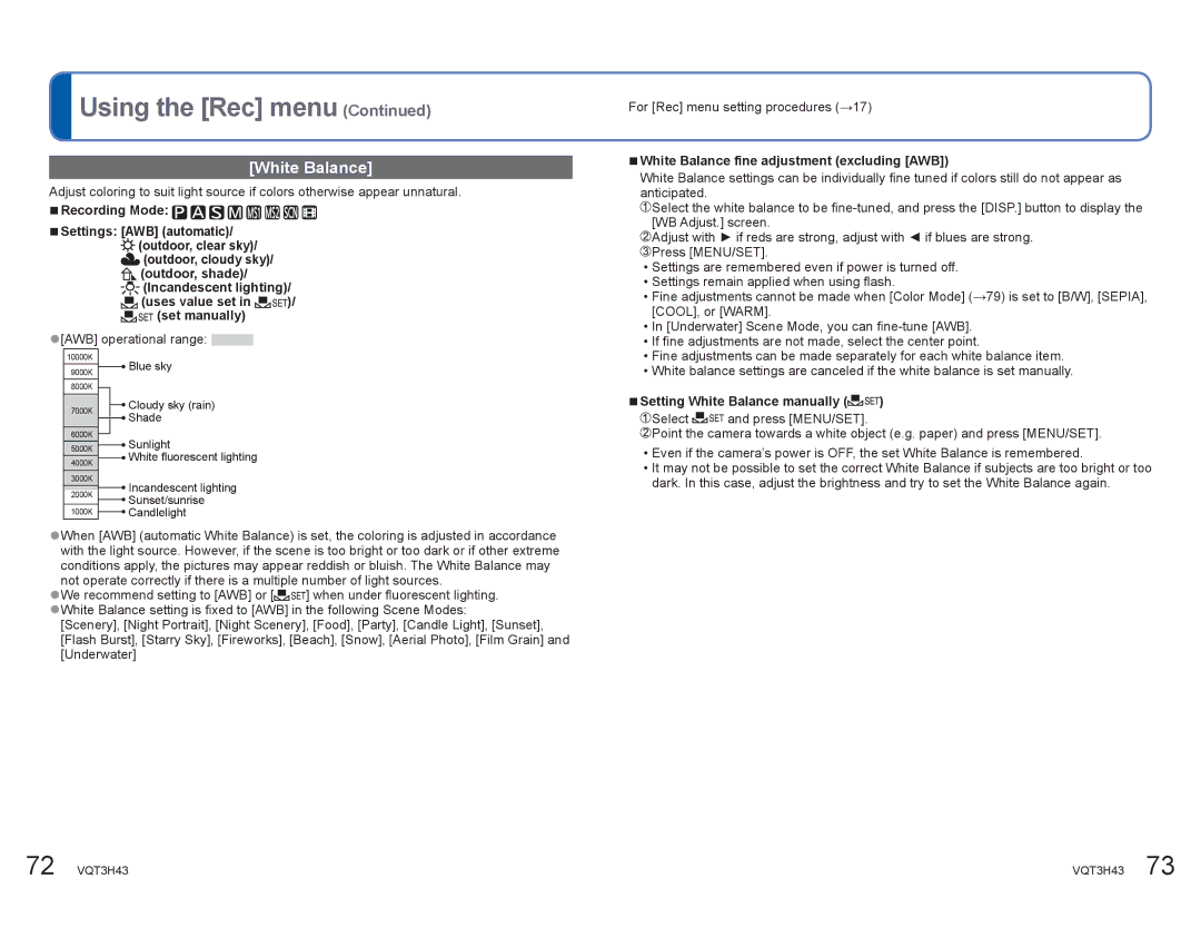 Panasonic DMCZS8K White Balance, Incandescent lighting Uses value set in / set manually, Ɣawb operational range 