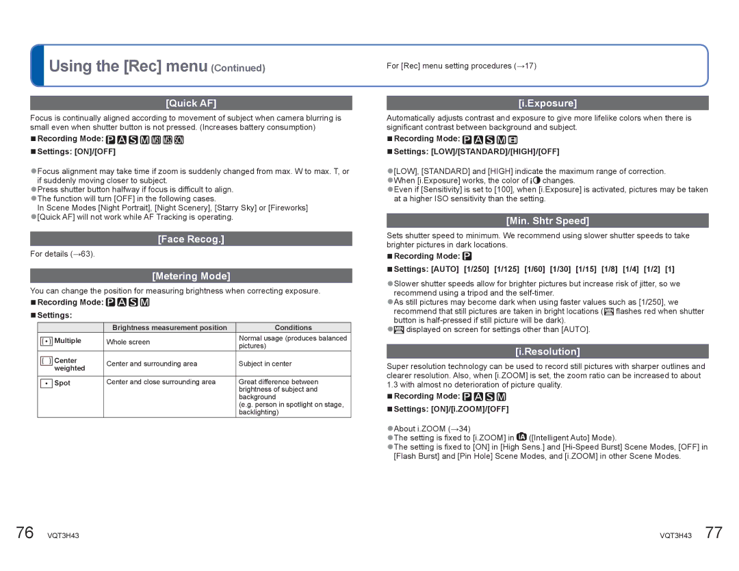 Panasonic DMCZS8K manual Quick AF, Face Recog, Metering Mode, Exposure, Min. Shtr Speed, Resolution 