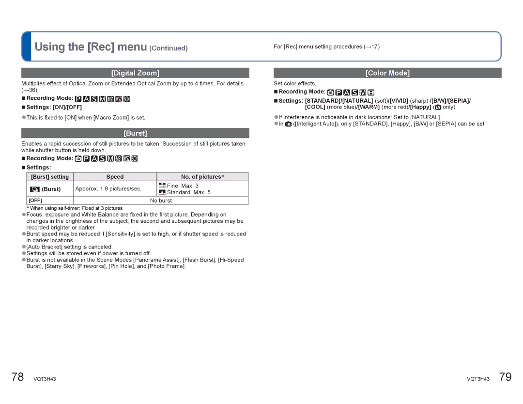 Panasonic DMCZS8K manual Color Mode, Speed No. of pictures Burst 