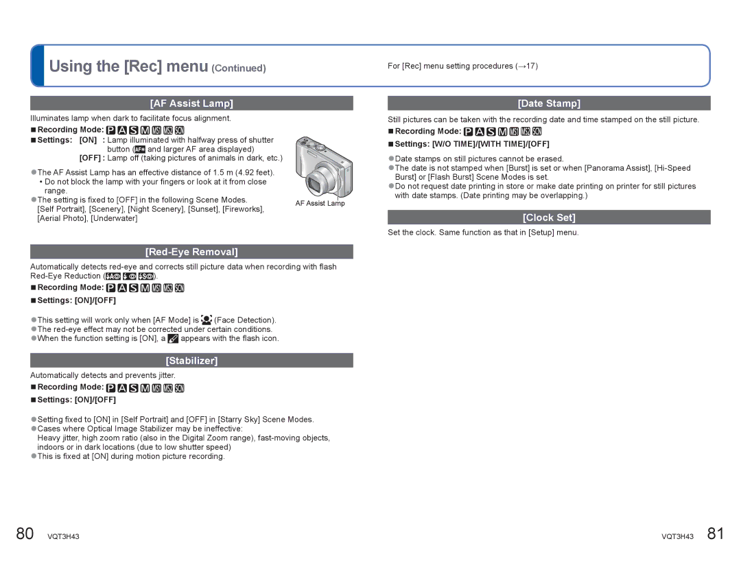 Panasonic DMCZS8K manual AF Assist Lamp, Red-Eye Removal, Stabilizer, Date Stamp, Clock Set 