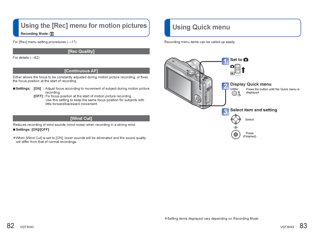 Panasonic DMCZS8K manual Using the Rec menu for motion pictures, Using Quick menu, Continuous AF, Wind Cut 