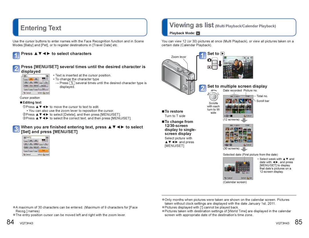 Panasonic DMCZS8K Entering Text, Set to Set to multiple screen display, Viewing as list Multi Playback/Calendar Playback 