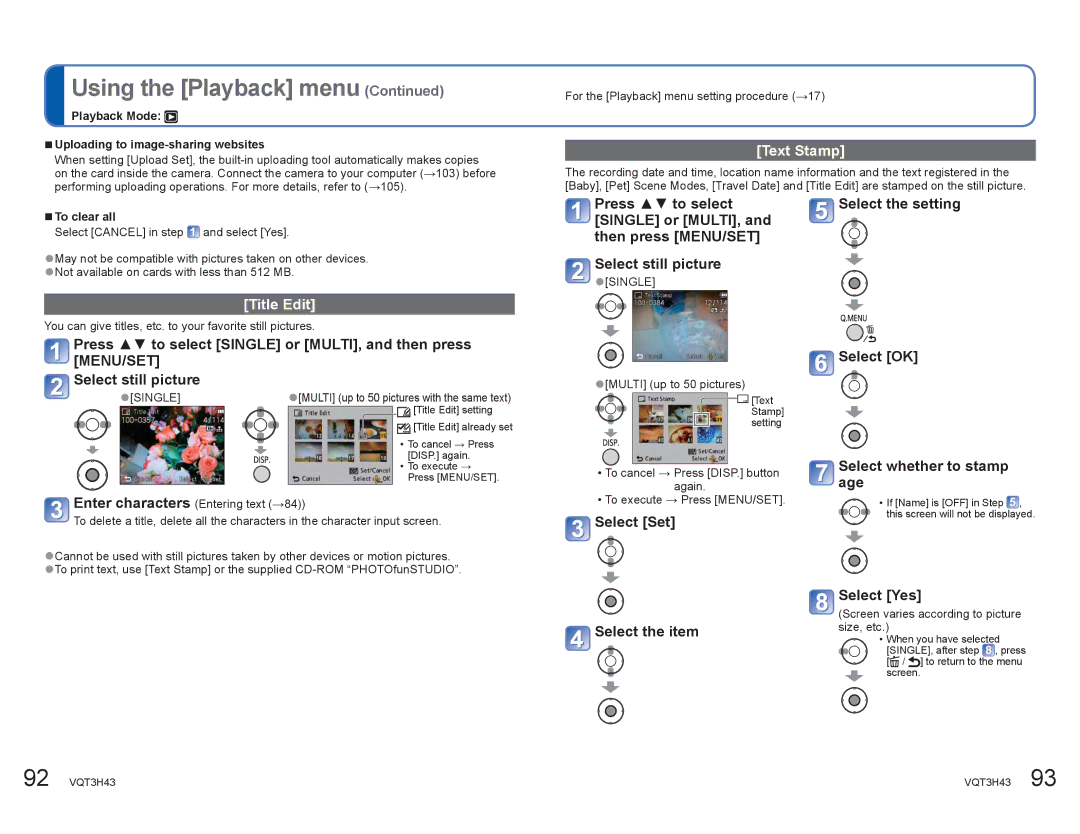 Panasonic DMCZS8K manual Text Stamp, Title Edit, Enter characters Entering text, To clear all 