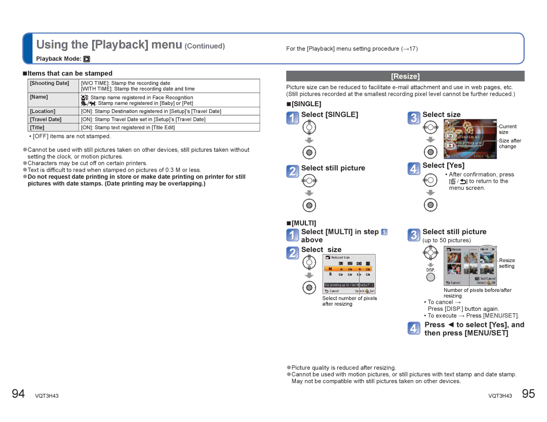 Panasonic DMCZS8K manual Resize, Select Single Select size, Select still picture Select Yes 