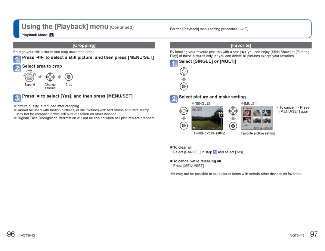 Panasonic DMCZS8K manual Cropping, Favorite, Select Single or Multi Select picture and make setting, ŶTo clear all 