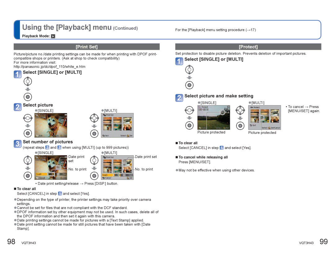 Panasonic DMCZS8K manual Print Set, Protect, Select Single or Multi Select picture, Set number of pictures 