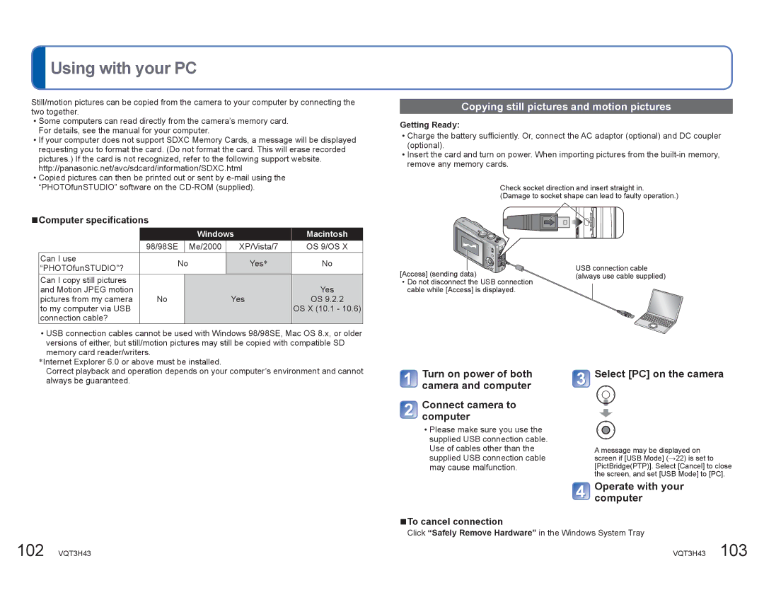 Panasonic DMCZS8K manual Using with your PC, Copying still pictures and motion pictures, Select PC on the camera 