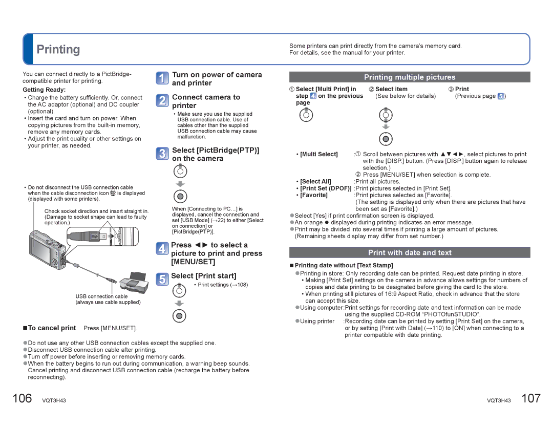 Panasonic DMCZS8K manual Select PictBridgePTP on the camera, Printing multiple pictures, Print with date and text 