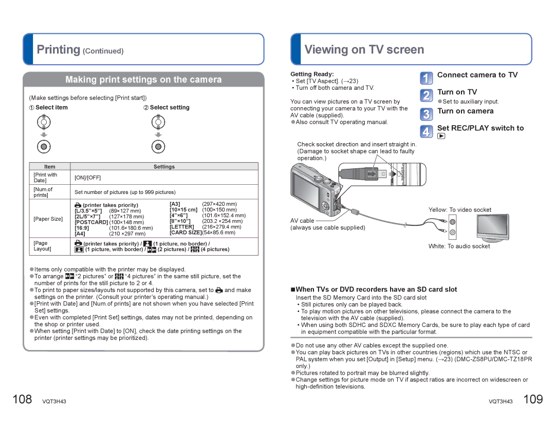 Panasonic DMCZS8K manual Viewing on TV screen, Connect camera to TV Turn on TV, Turn on camera Set REC/PLAY switch to 