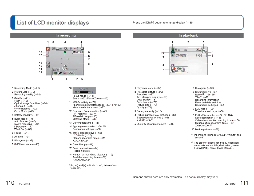 Panasonic DMCZS8K manual List of LCD monitor displays, Recording, Playback, Press the DISP. button to change display 