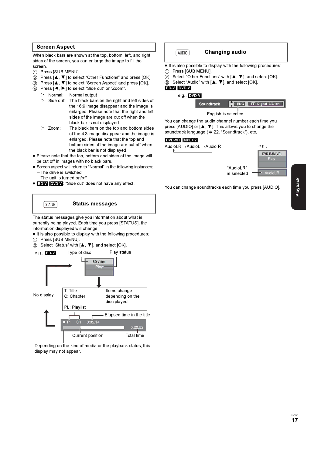 Panasonic DMP-B100 operating instructions Screen Aspect, Status messages, Changing audio, DVD-VR MPEG2 