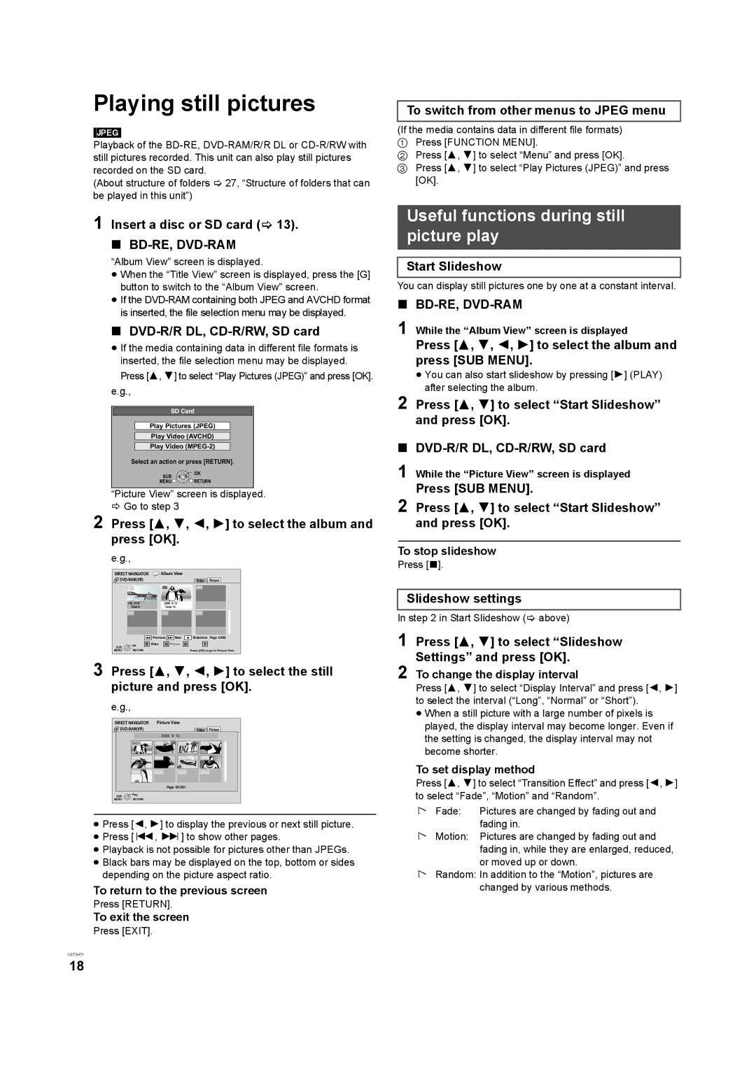 Panasonic DMP-B100 operating instructions Playing still pictures, Useful functions during still picture play 