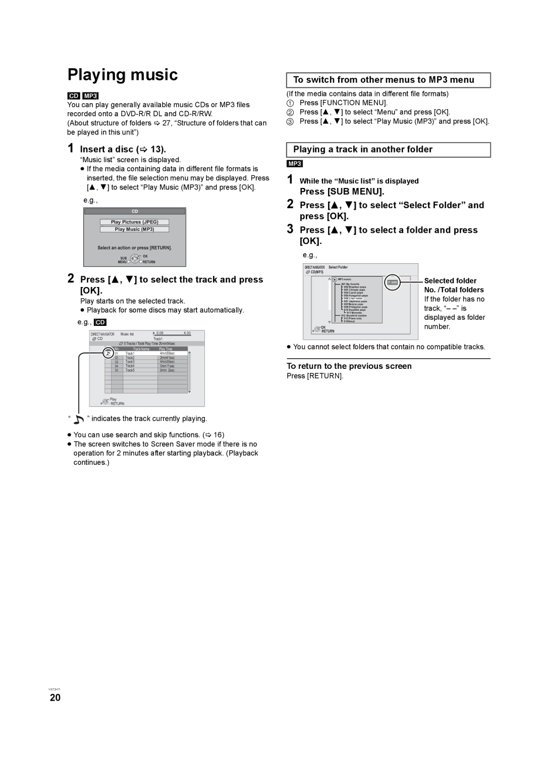 Panasonic DMP-B100 operating instructions Playing music, Insert a disc, Press 3, 4 to select the track and press OK 