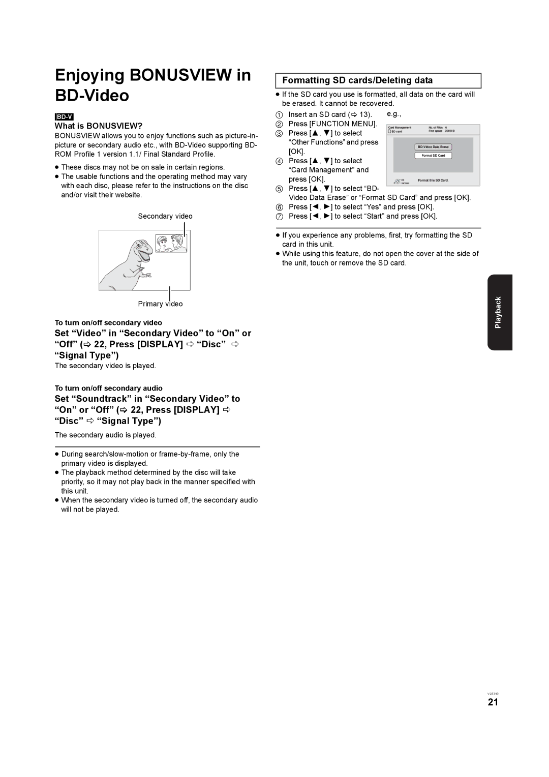 Panasonic DMP-B100 Enjoying Bonusview in BD-Video, Signal Type, Formatting SD cards/Deleting data, What is BONUSVIEW? 