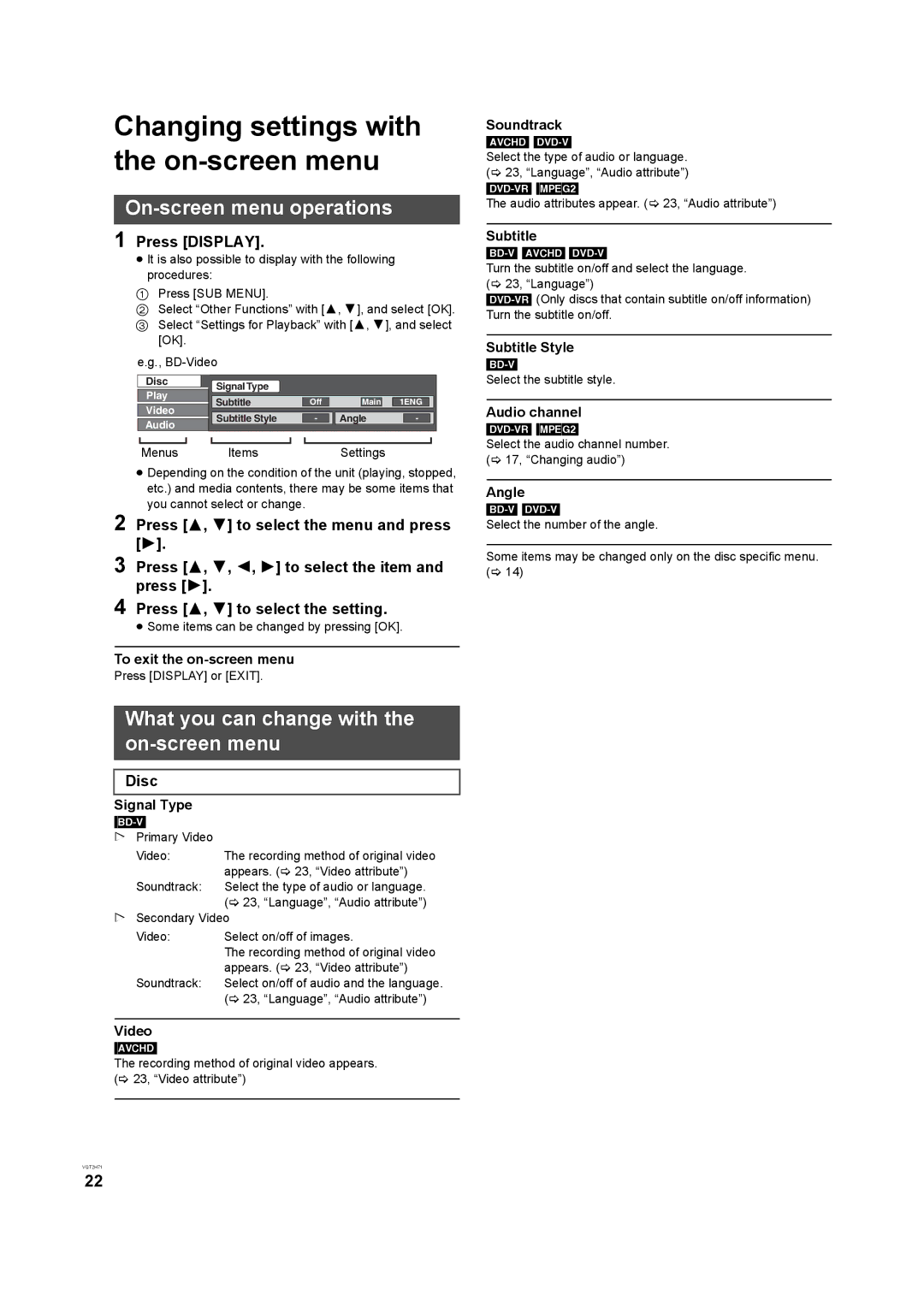 Panasonic DMP-B100 operating instructions Changing settings with the on-screen menu, On-screen menu operations 