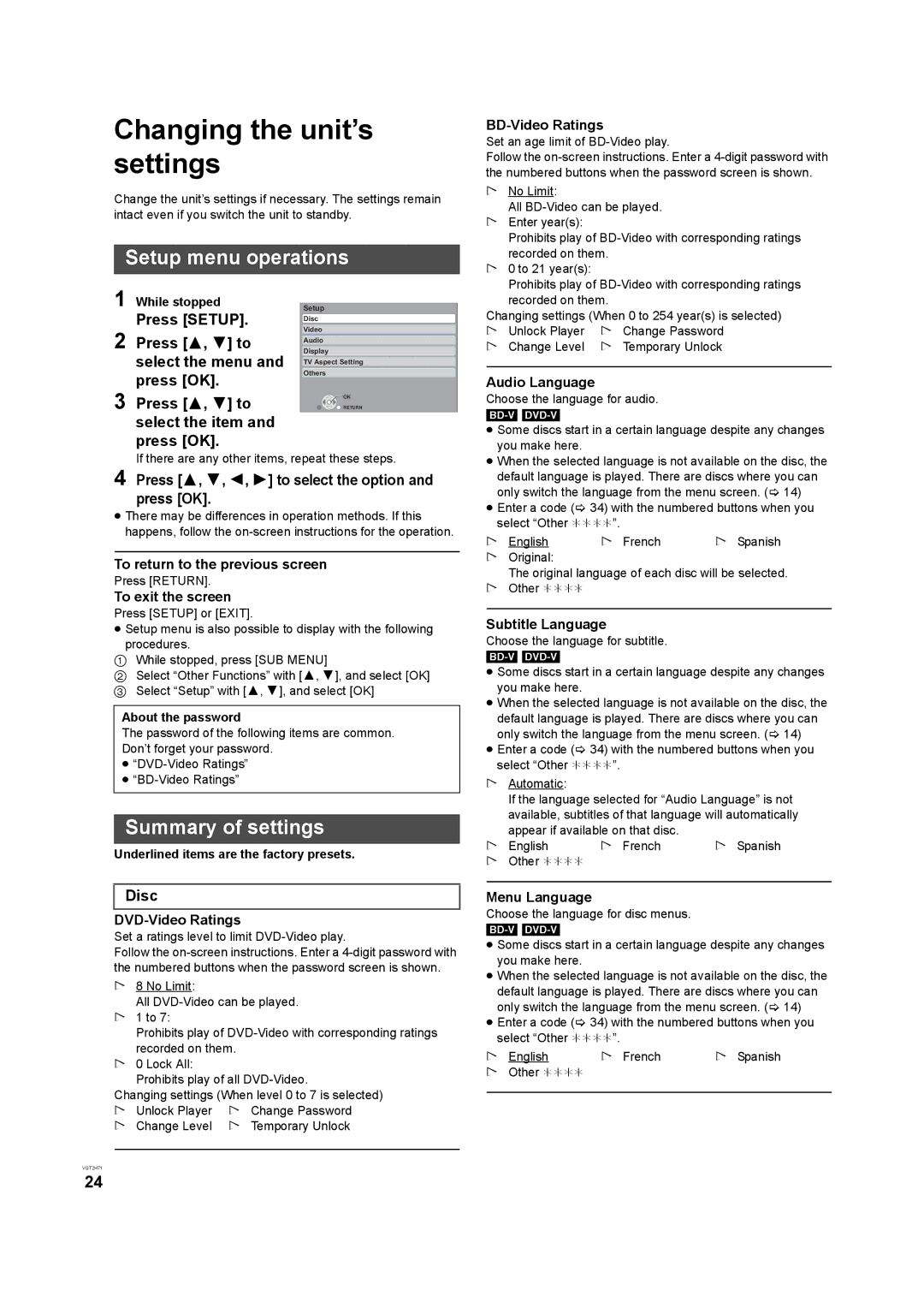 Panasonic DMP-B100 operating instructions Changing the unit’s settings, Setup menu operations, Summary of settings, Disc 