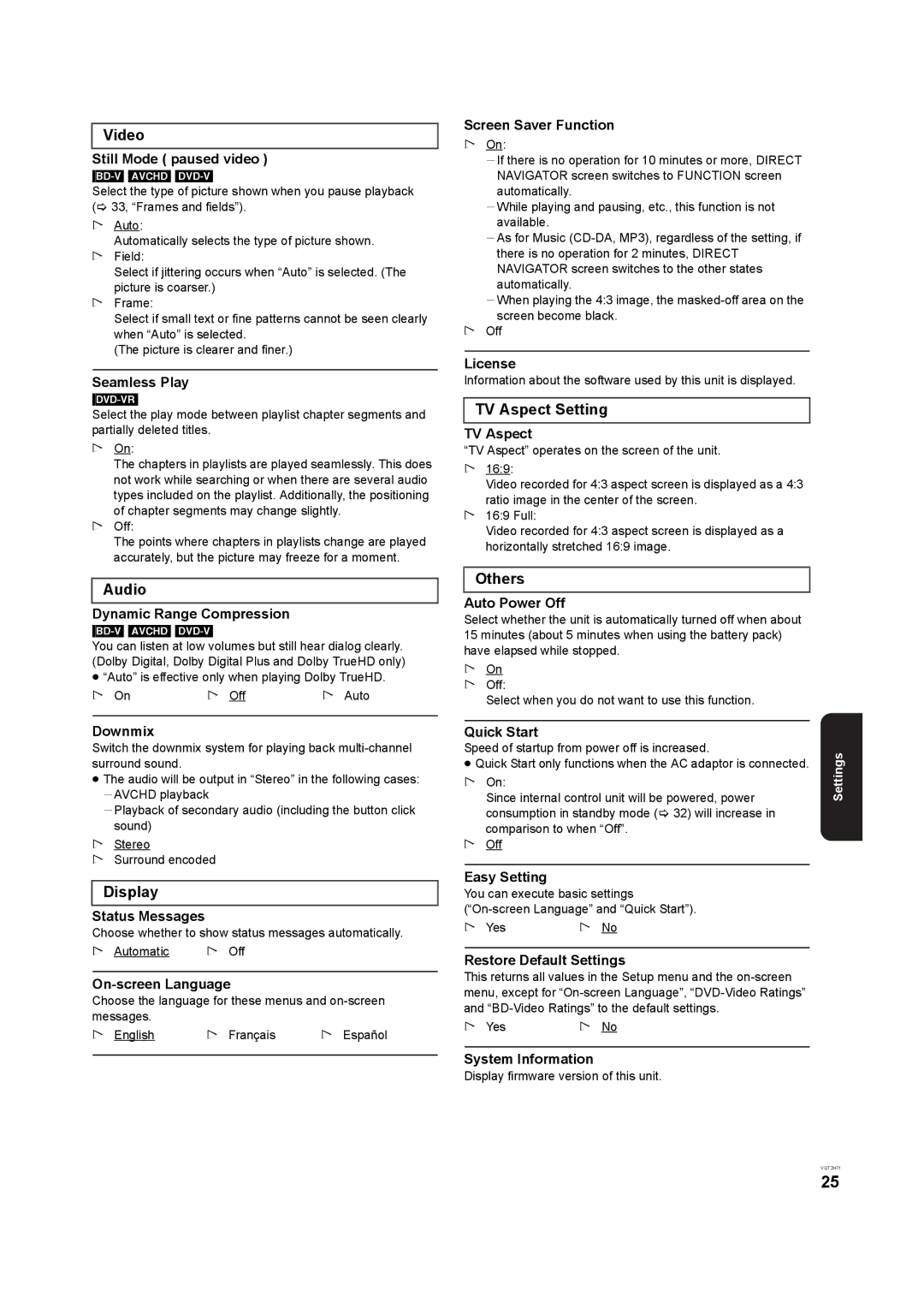 Panasonic DMP-B100 operating instructions Display, TV Aspect Setting, Others 