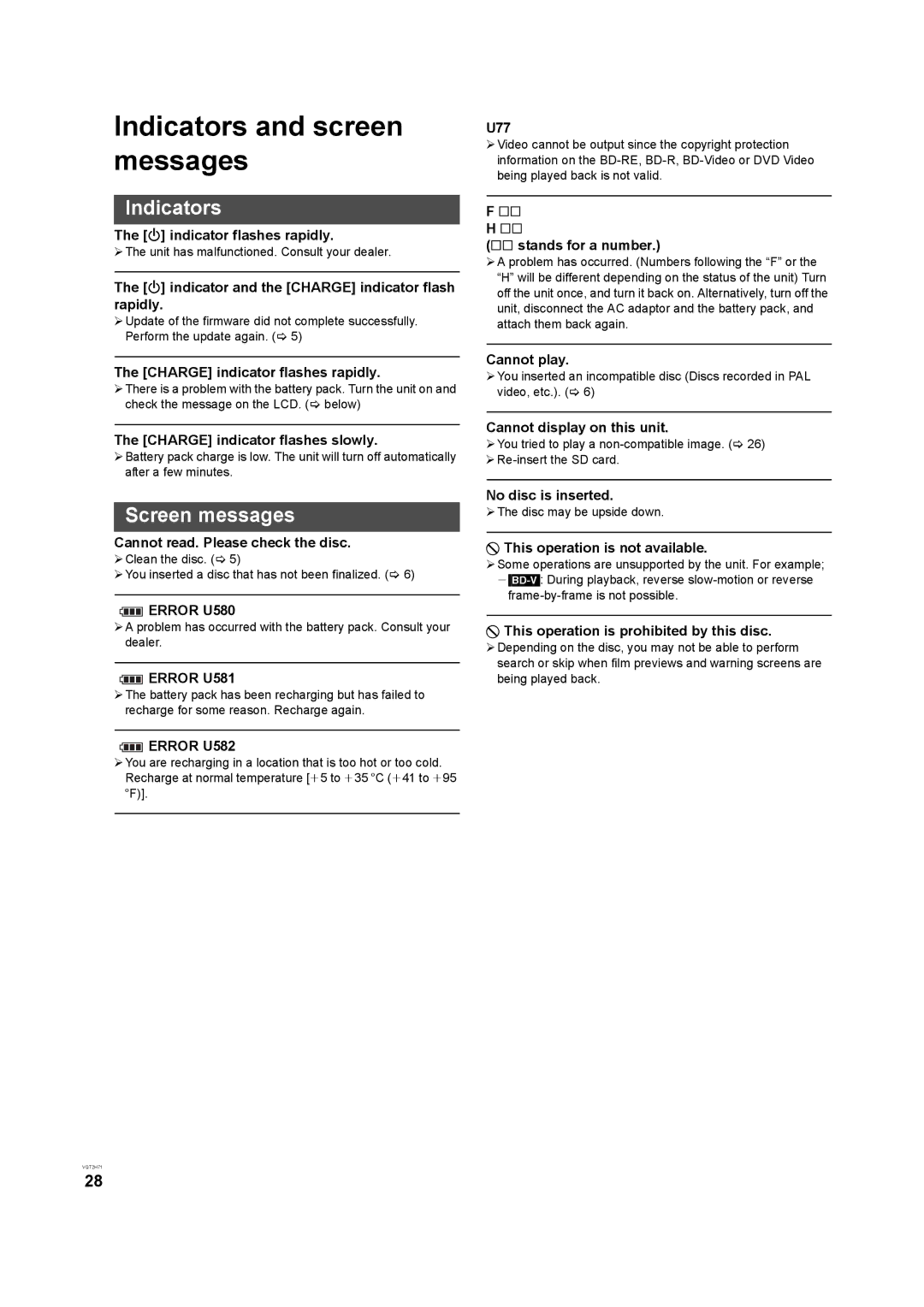 Panasonic DMP-B100 operating instructions Indicators and screen messages, Screen messages 