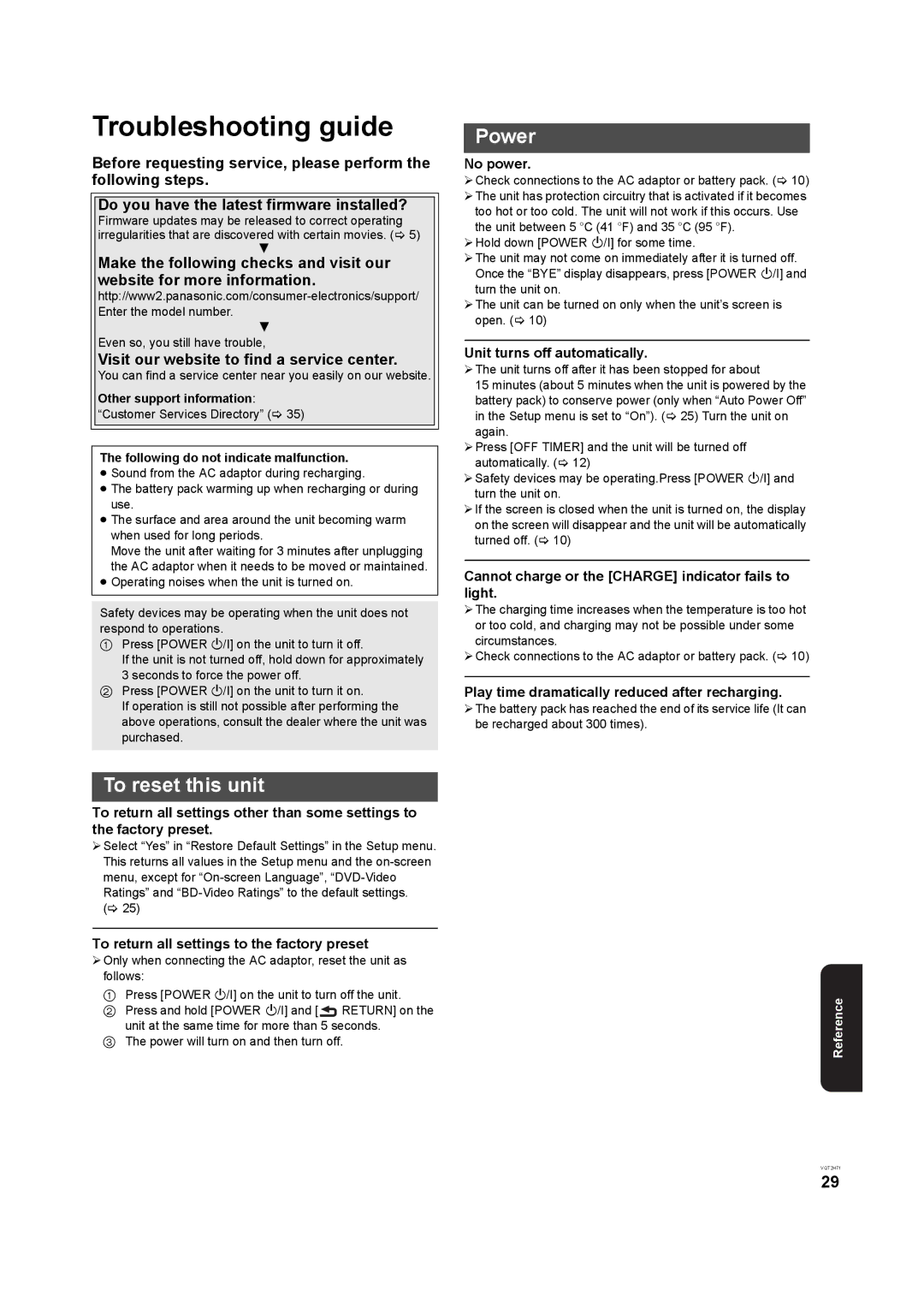 Panasonic DMP-B100 Troubleshooting guide, Power, To reset this unit, Visit our website to find a service center 