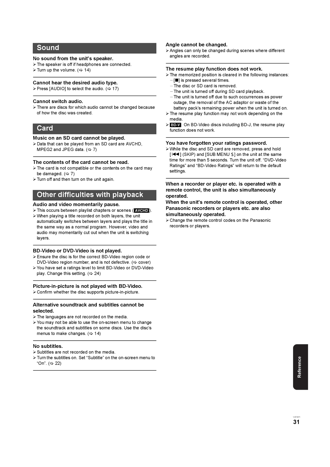 Panasonic DMP-B100 operating instructions Sound, Card, Other difficulties with playback 