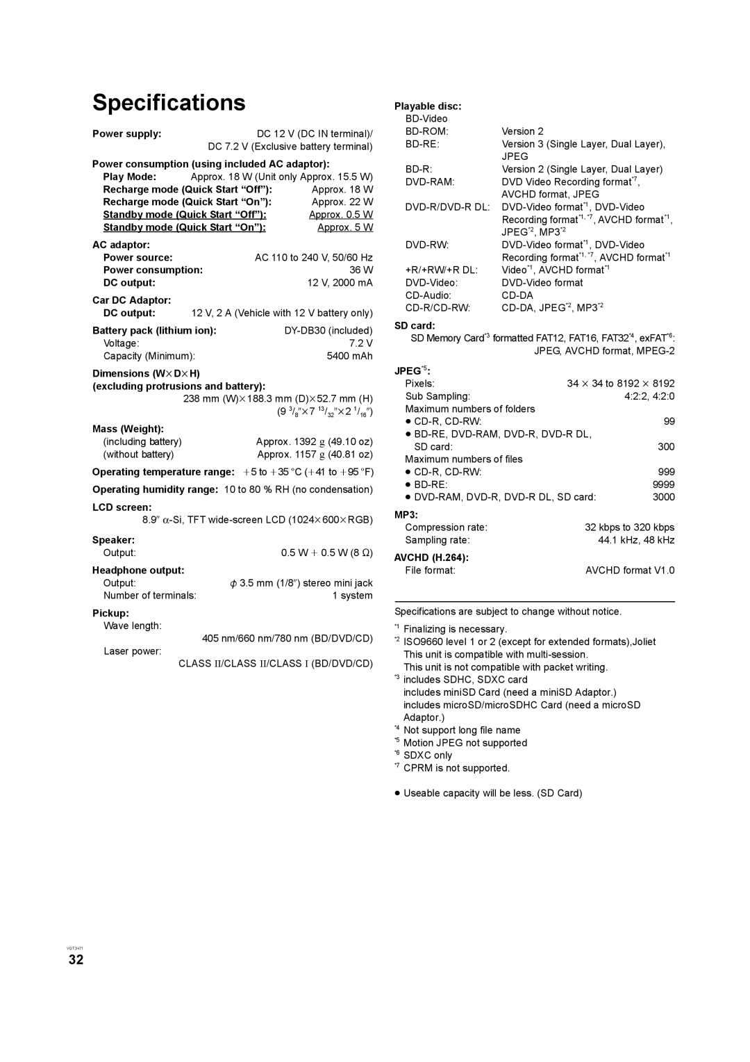 Panasonic DMP-B100 operating instructions Specifications 