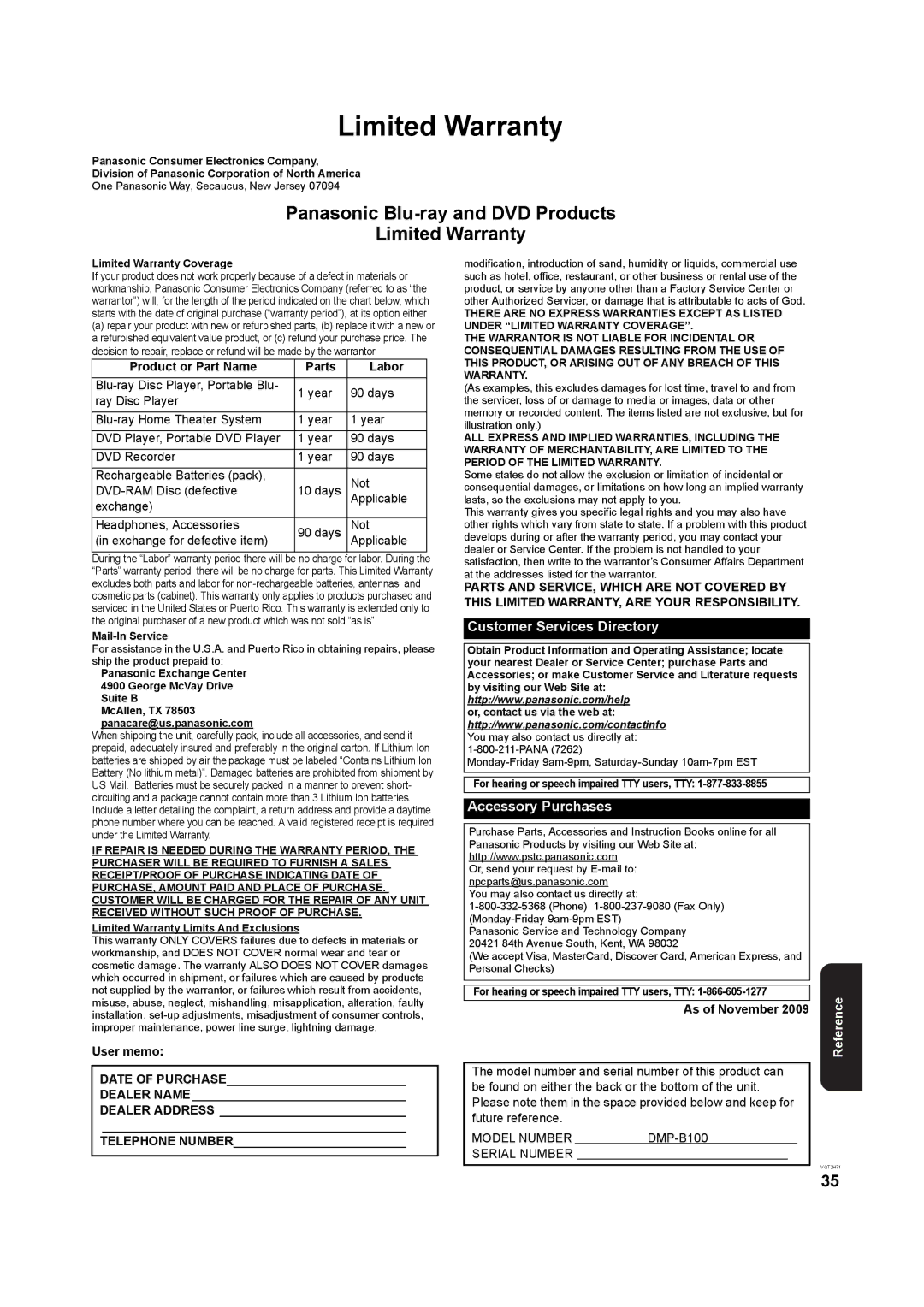 Panasonic DMP-B100 Limited Warranty, Product or Part Name Parts Labor, As of November, Model Number, Serial Number 