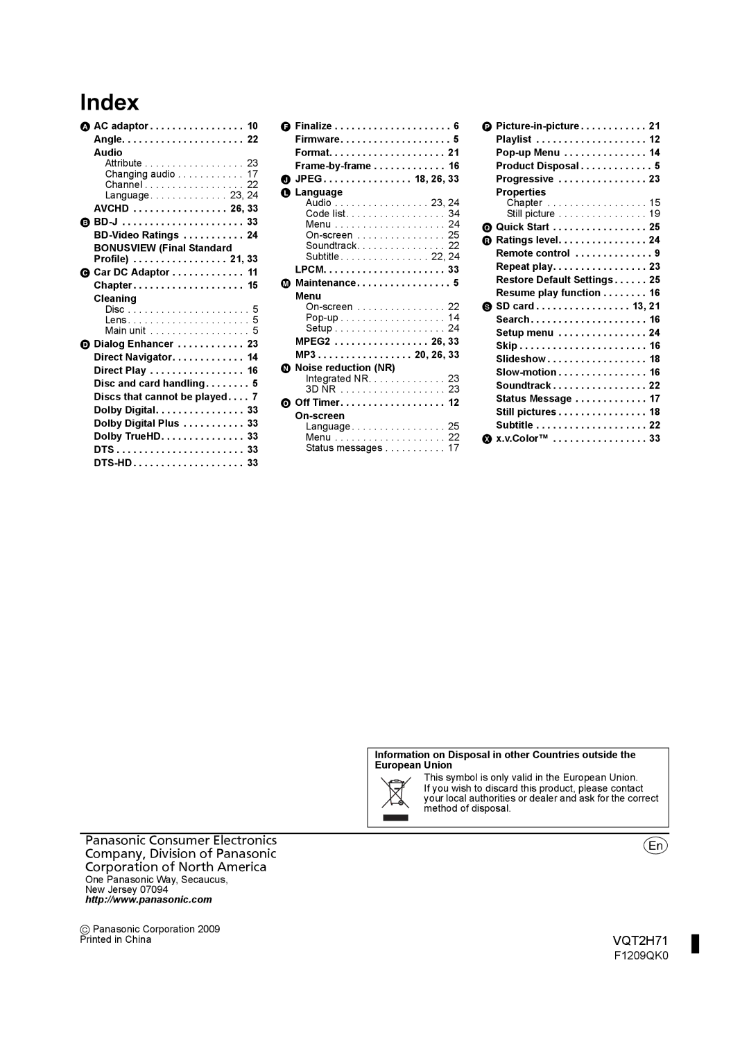 Panasonic DMP-B100 operating instructions Index 