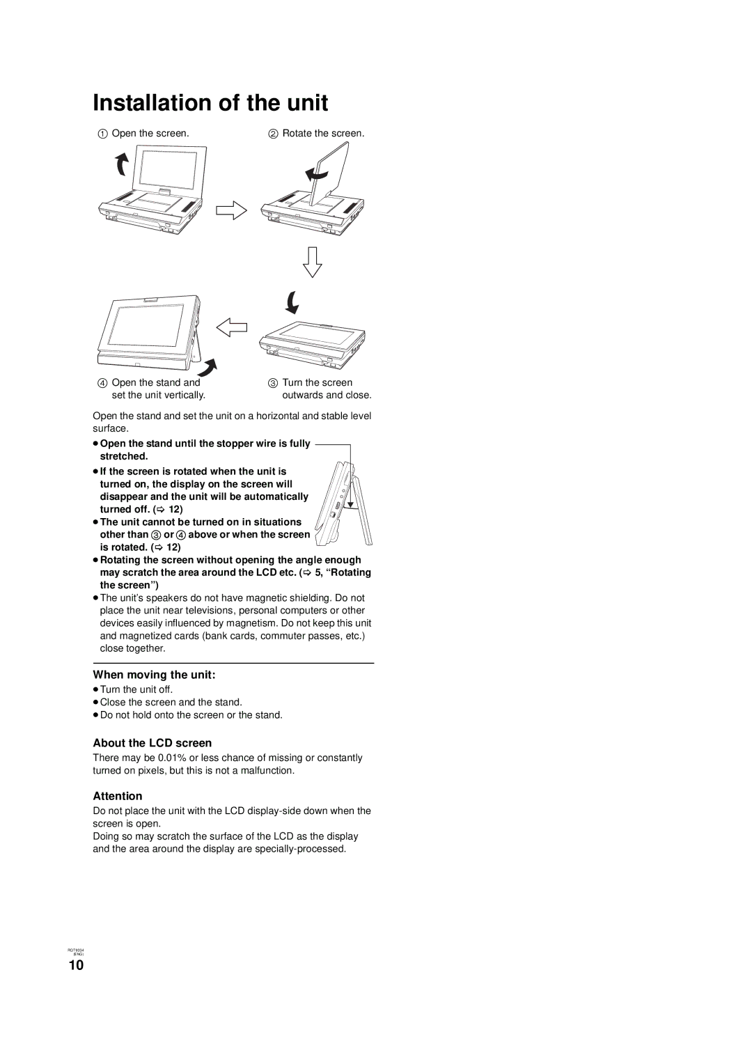 Panasonic DMP-B15 warranty Installation of the unit, When moving the unit, About the LCD screen 