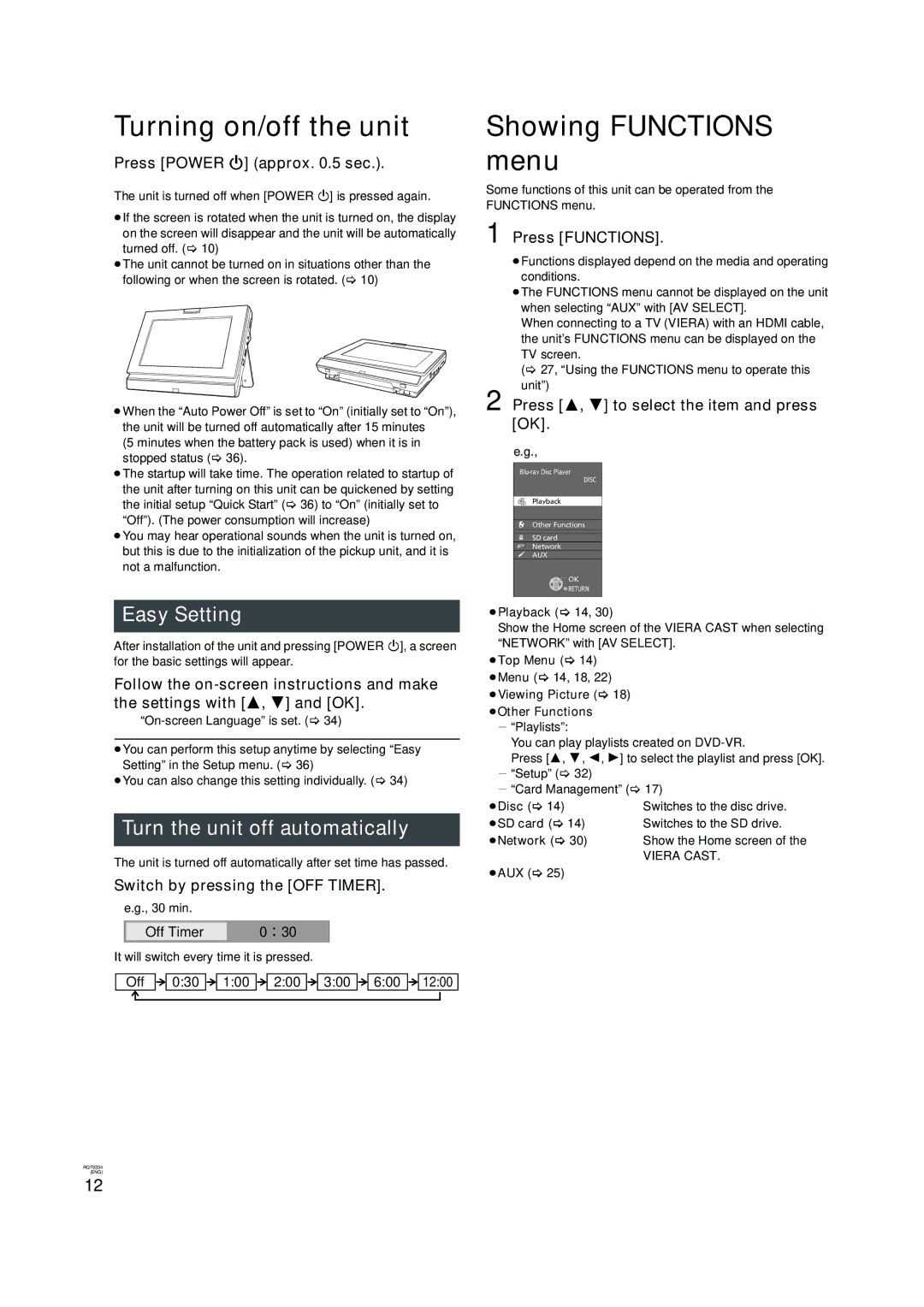 Panasonic DMP-B15 warranty Turning on/off the unit, Showing Functions menu, Easy Setting, Turn the unit off automatically 