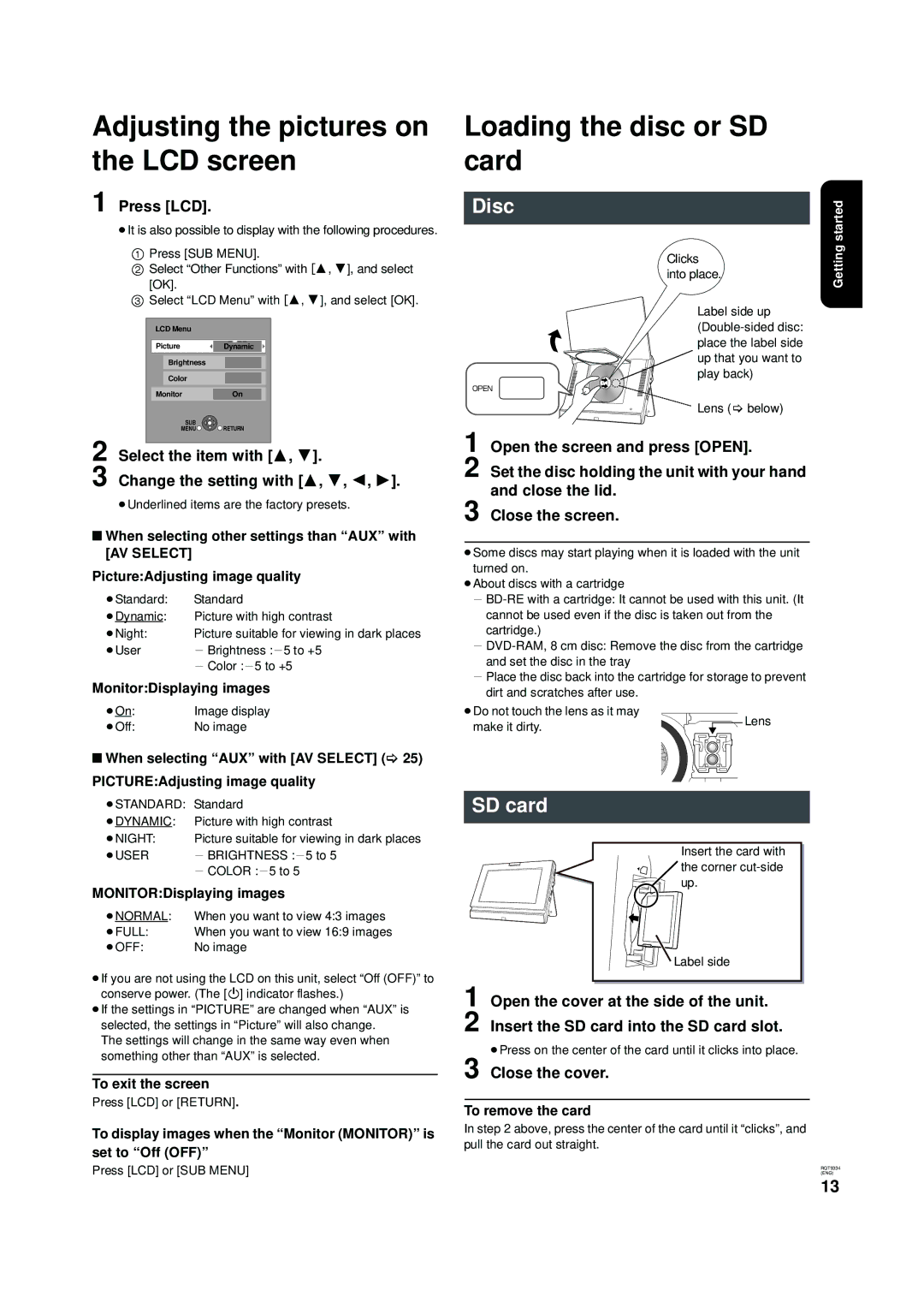 Panasonic DMP-B15 warranty Adjusting the pictures on the LCD screen, Loading the disc or SD card, Disc 