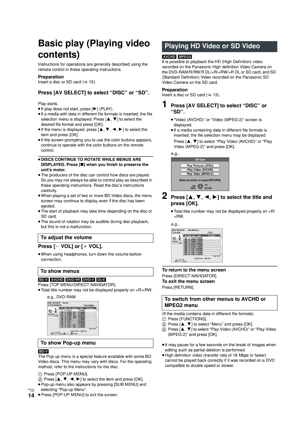 Panasonic DMP-B15 warranty Basic play Playing video contents 