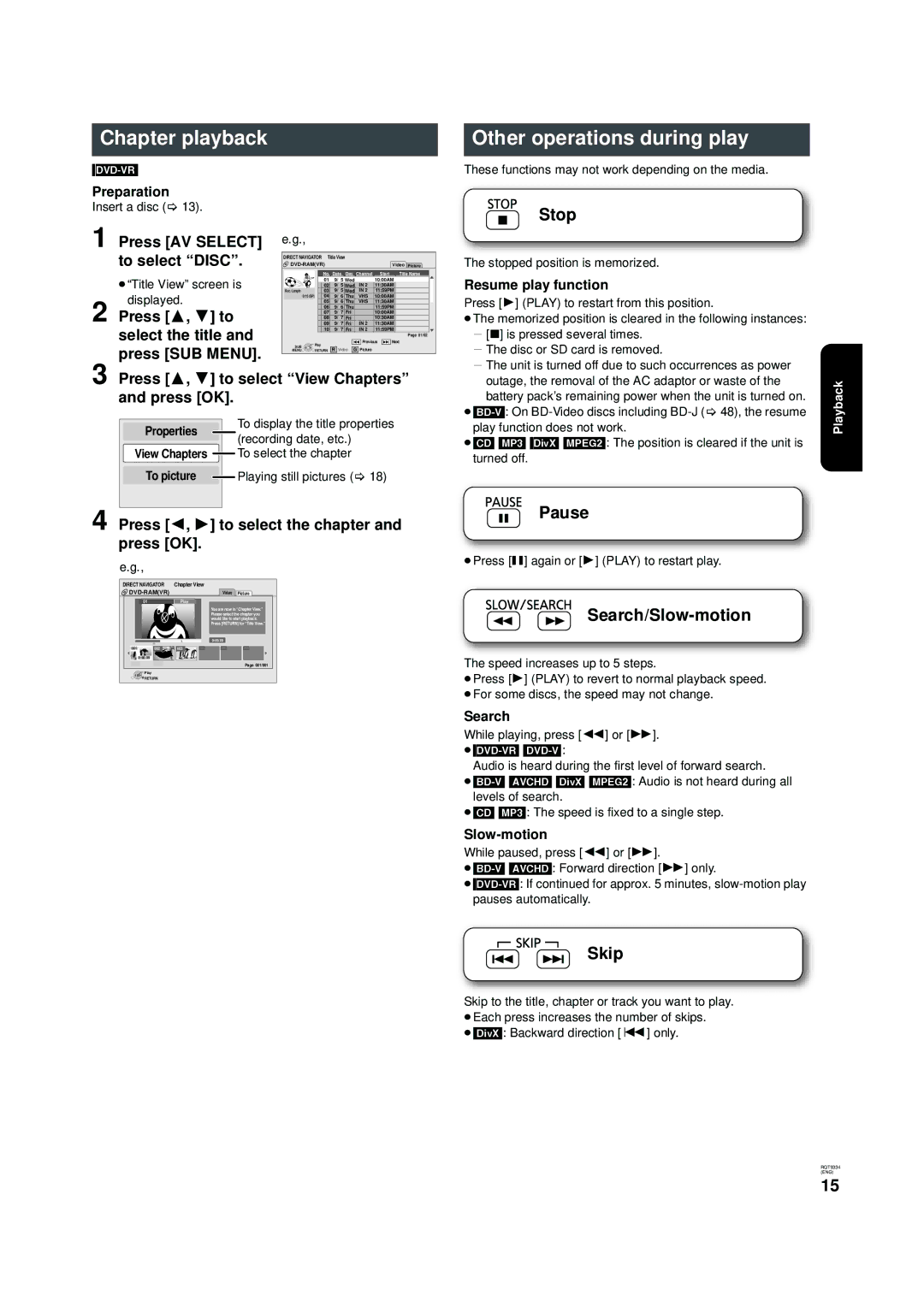 Panasonic DMP-B15 warranty Chapter playback, Other operations during play 