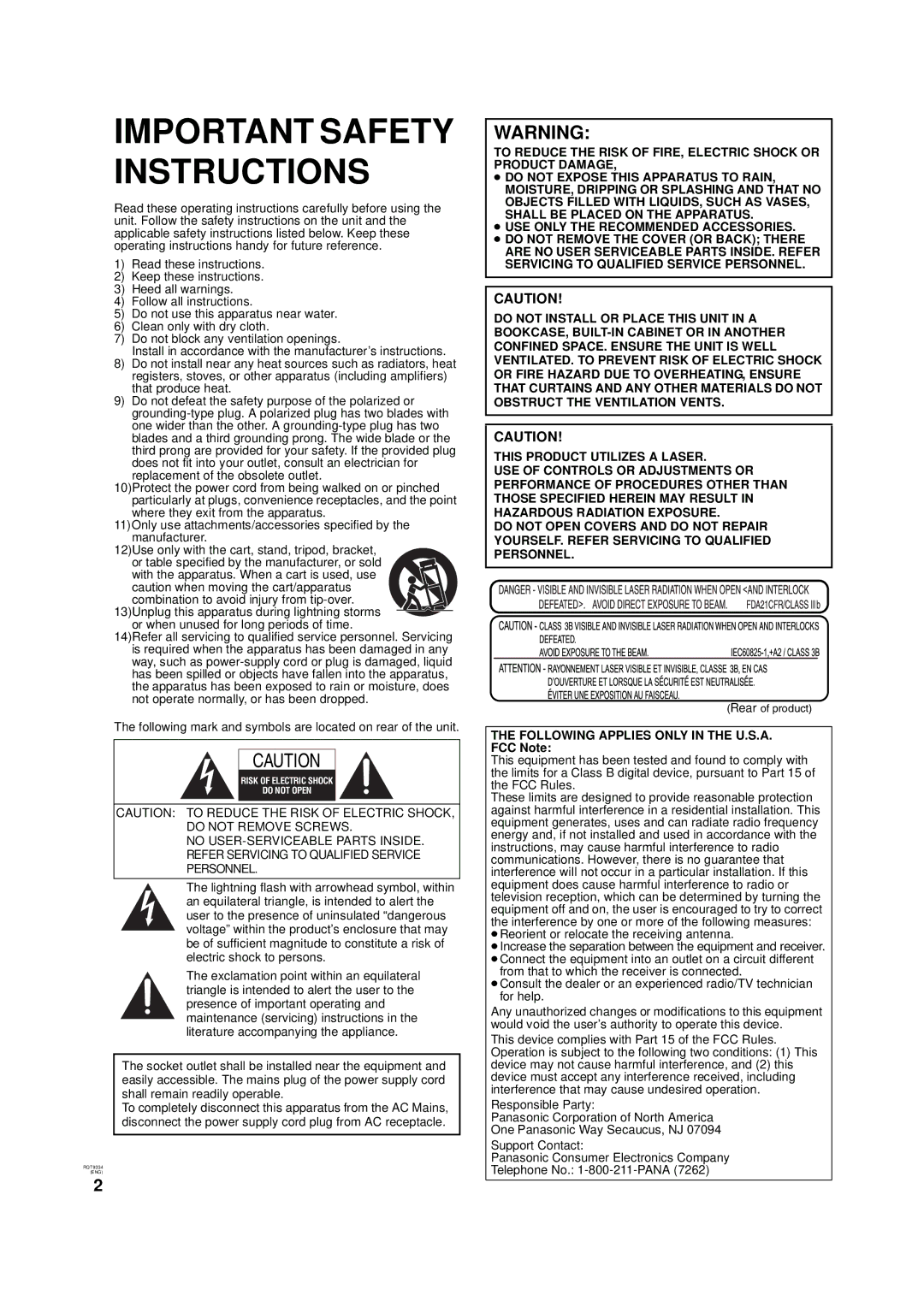 Panasonic DMP-B15 Following mark and symbols are located on rear of the unit, ≥Reorient or relocate the receiving antenna 