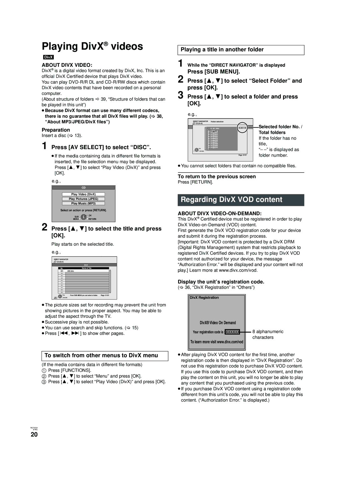 Panasonic DMP-B15 warranty Playing DivX videos, Regarding DivX VOD content, Press 3, 4 to select the title and press OK 