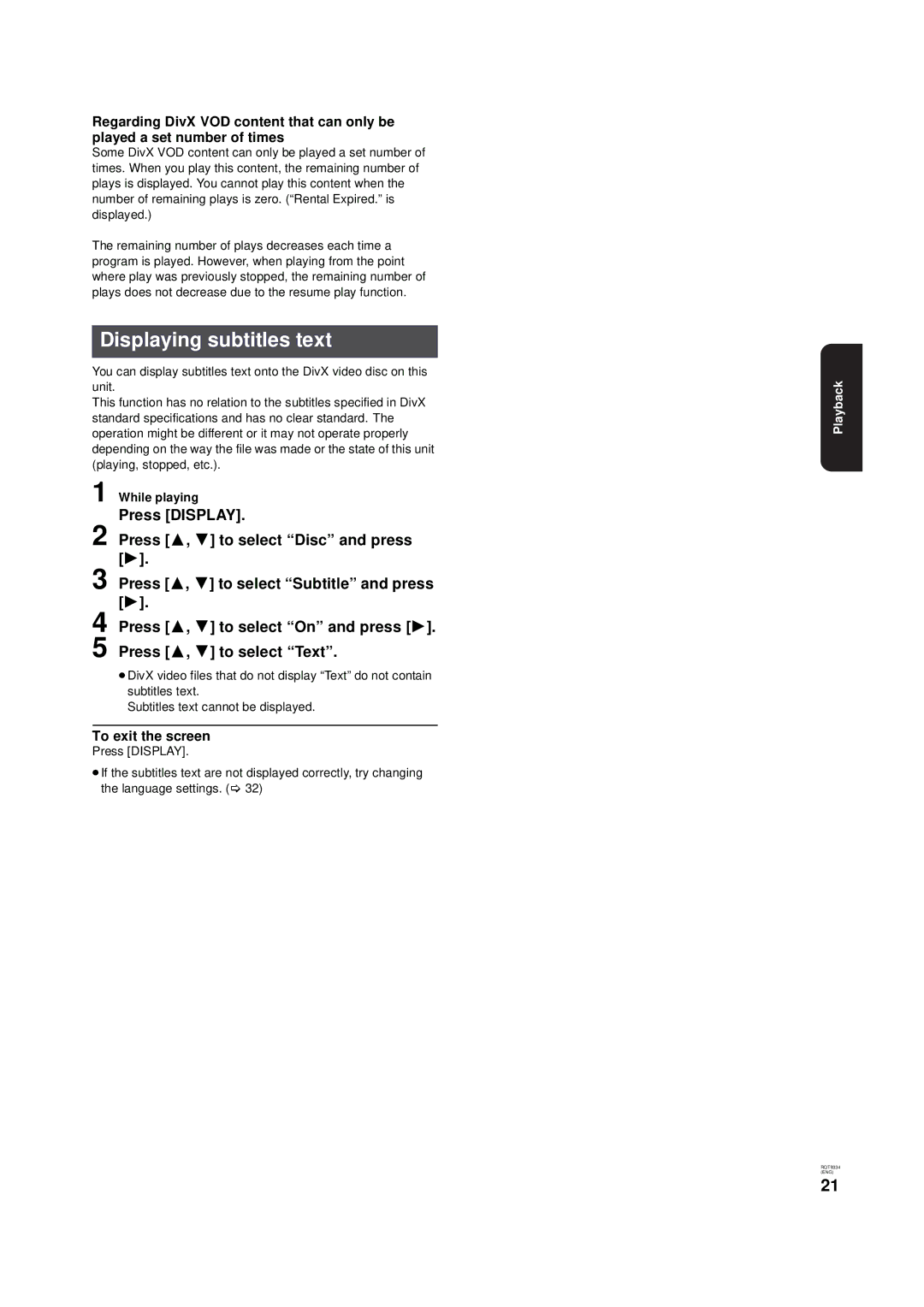 Panasonic DMP-B15 warranty Displaying subtitles text, While playing Press Display 