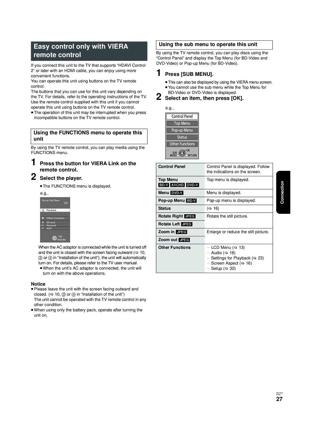 Panasonic DMP-B15 warranty Easy control only with Viera remote control, Using the Functions menu to operate this unit 