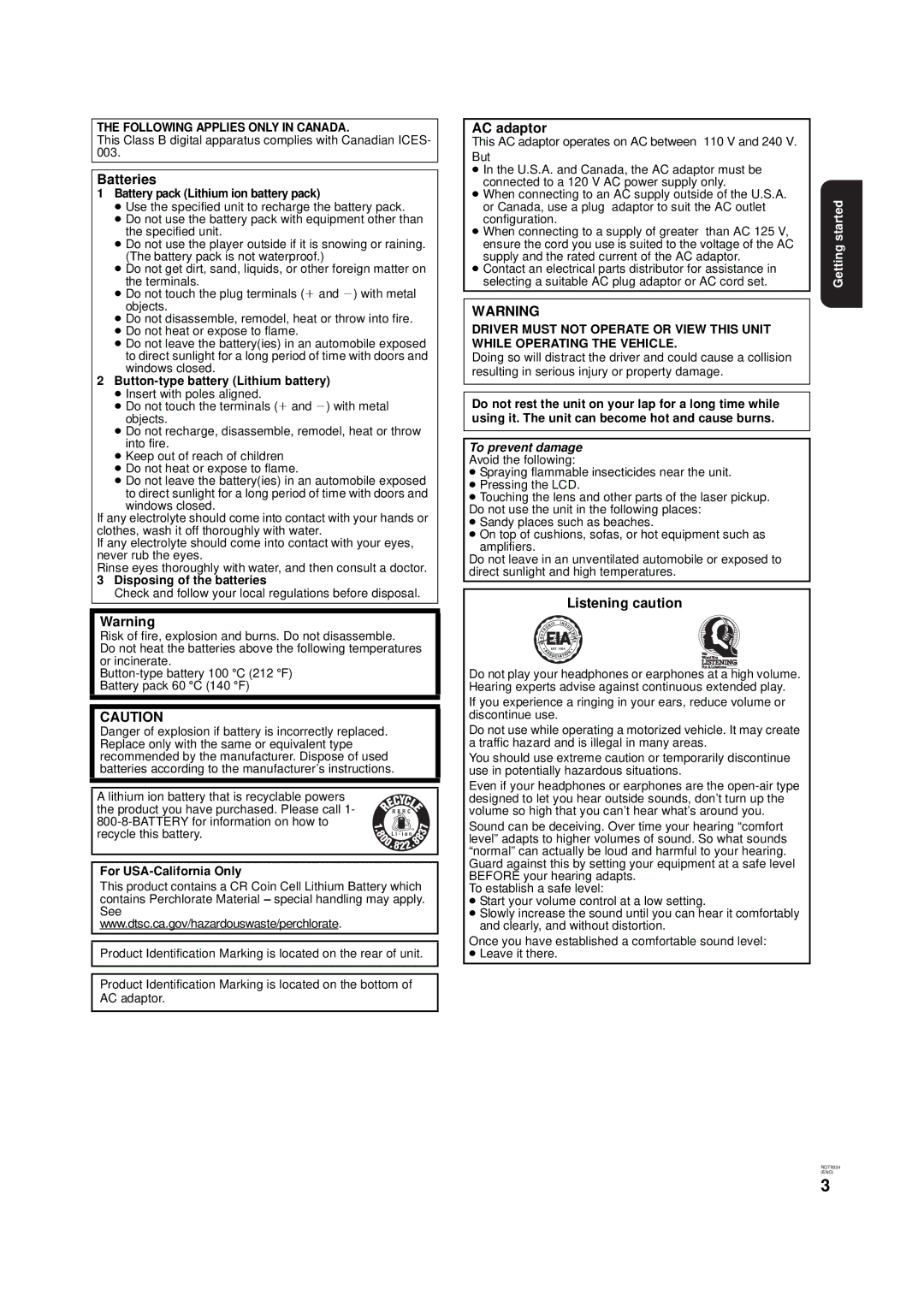 Panasonic DMP-B15 warranty Batteries, AC adaptor, Listening caution, Following Applies only in Canada 