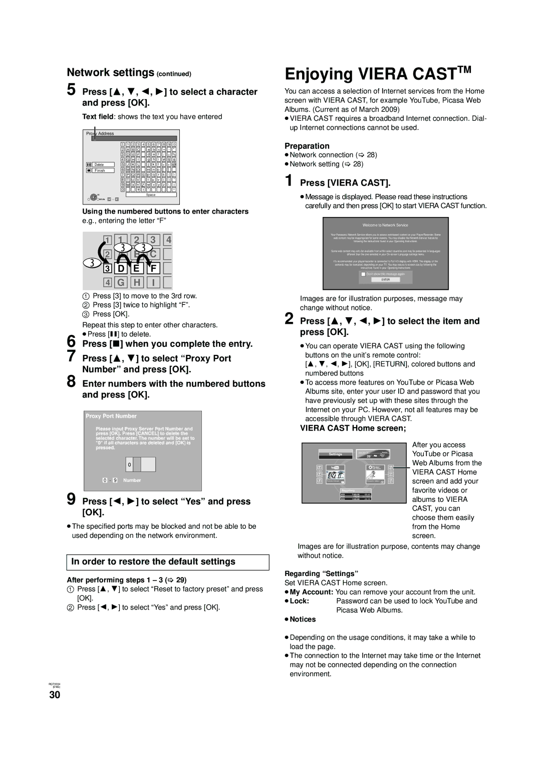 Panasonic DMP-B15 warranty Enjoying Viera Casttm, Network settings 