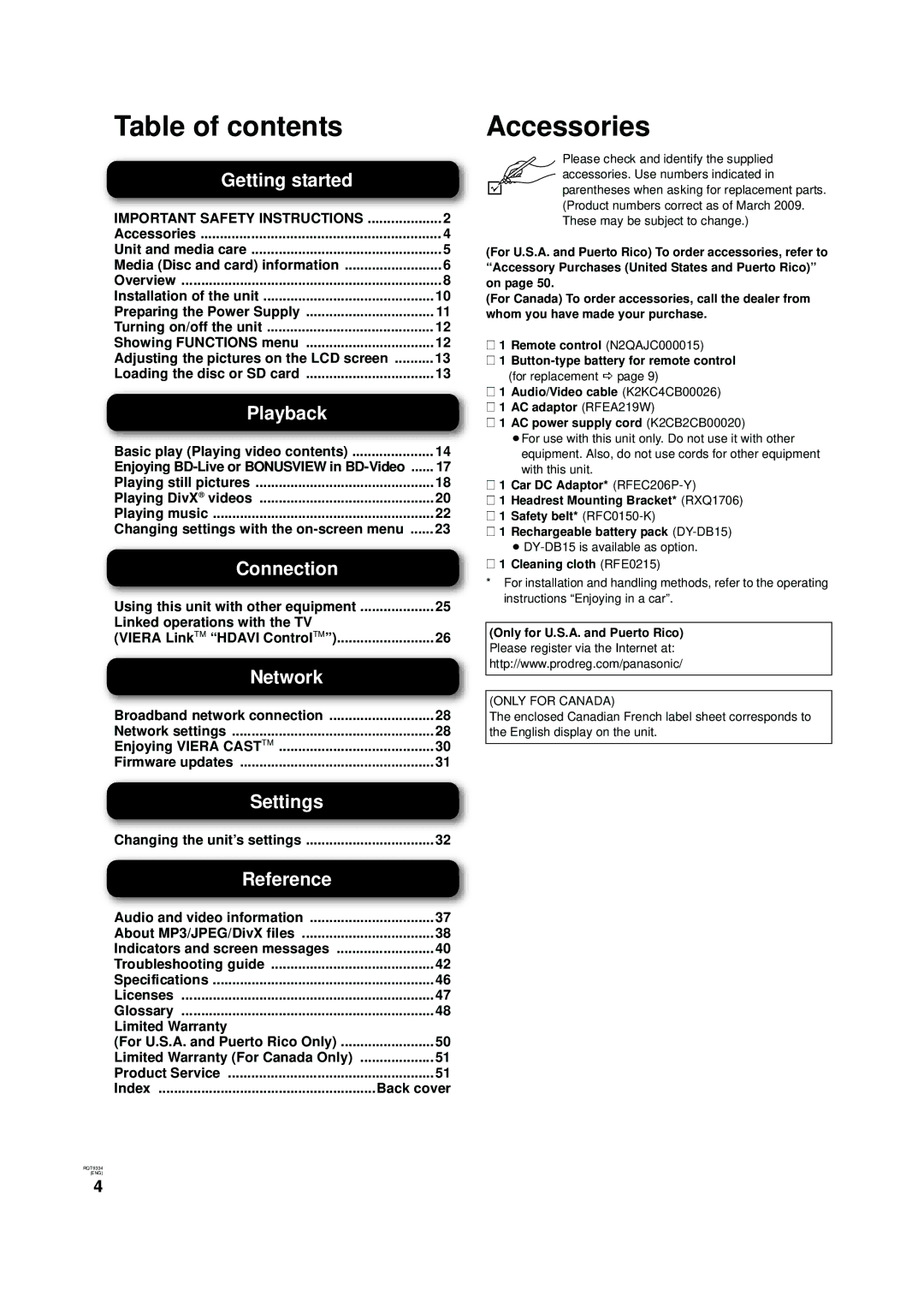 Panasonic DMP-B15 warranty Table of contents, Accessories 