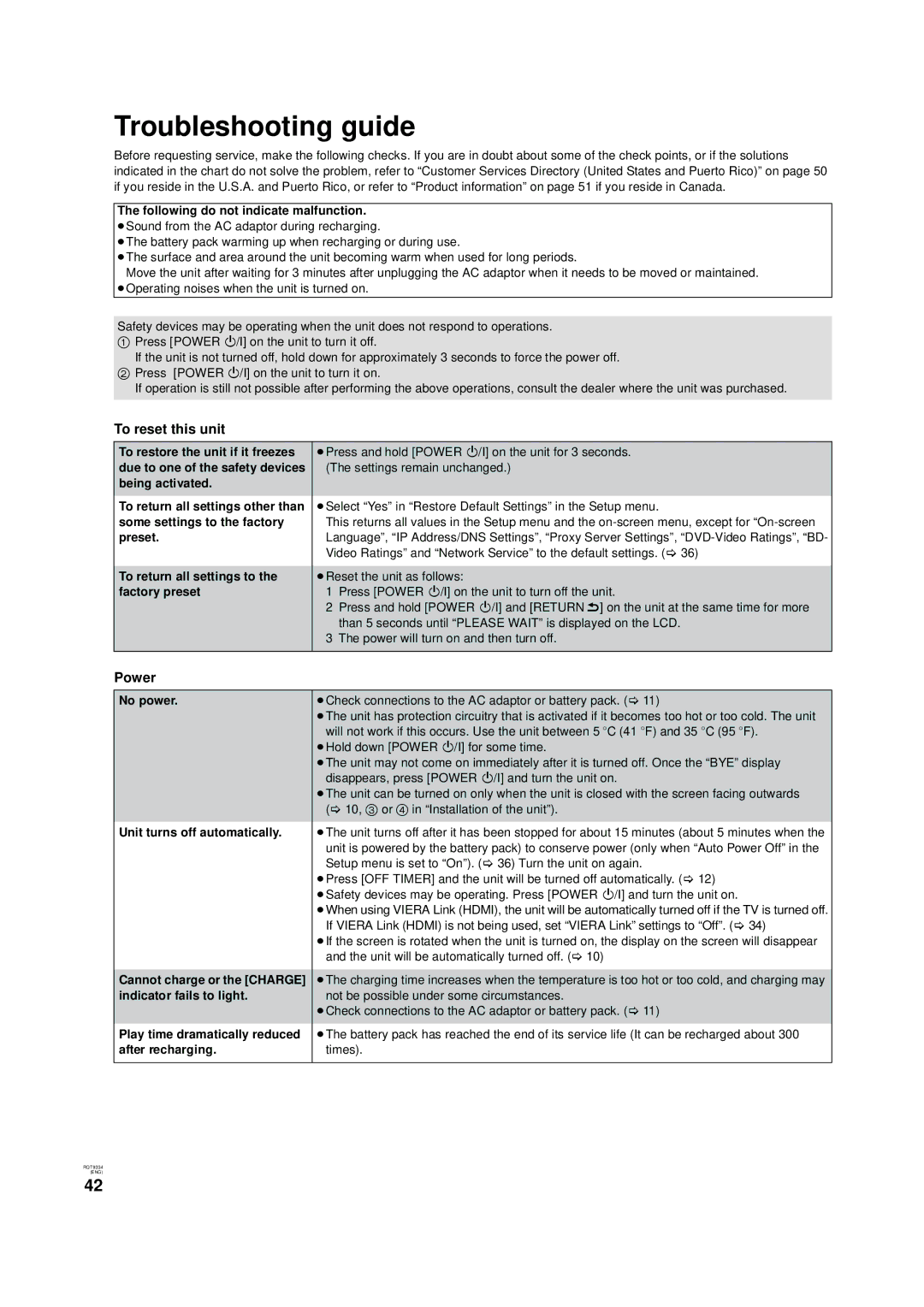 Panasonic DMP-B15 warranty Troubleshooting guide, To reset this unit, Power 