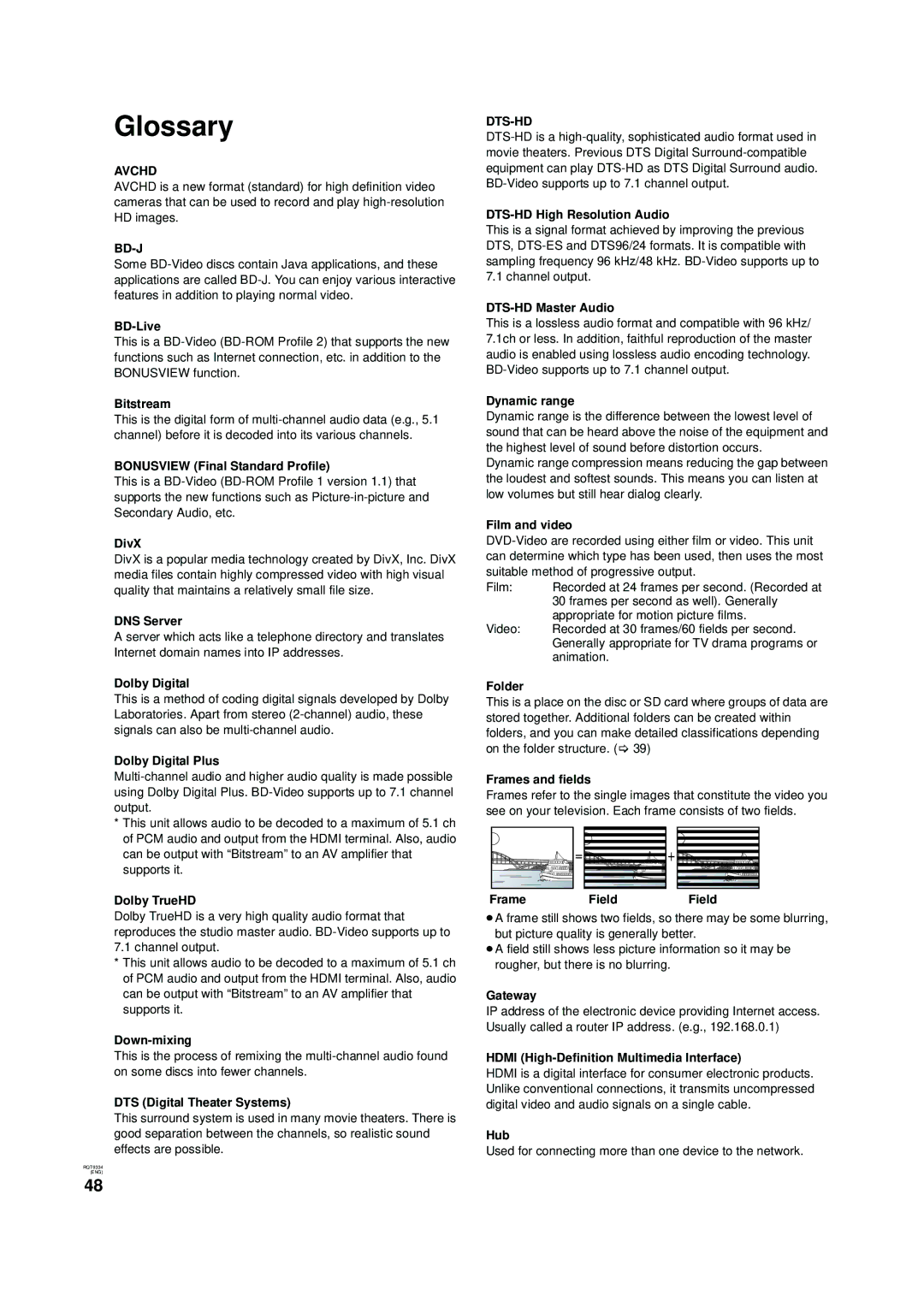 Panasonic DMP-B15 warranty Glossary, Bd-J, Dts-Hd 