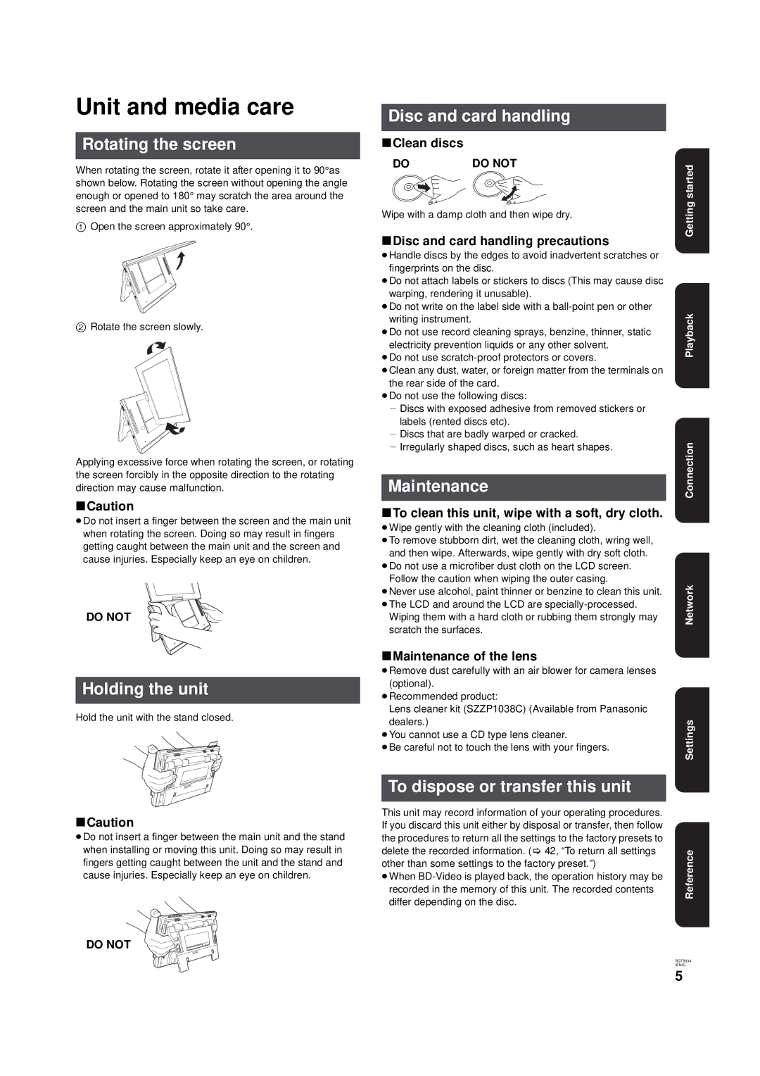 Panasonic DMP-B15 warranty Unit and media care 