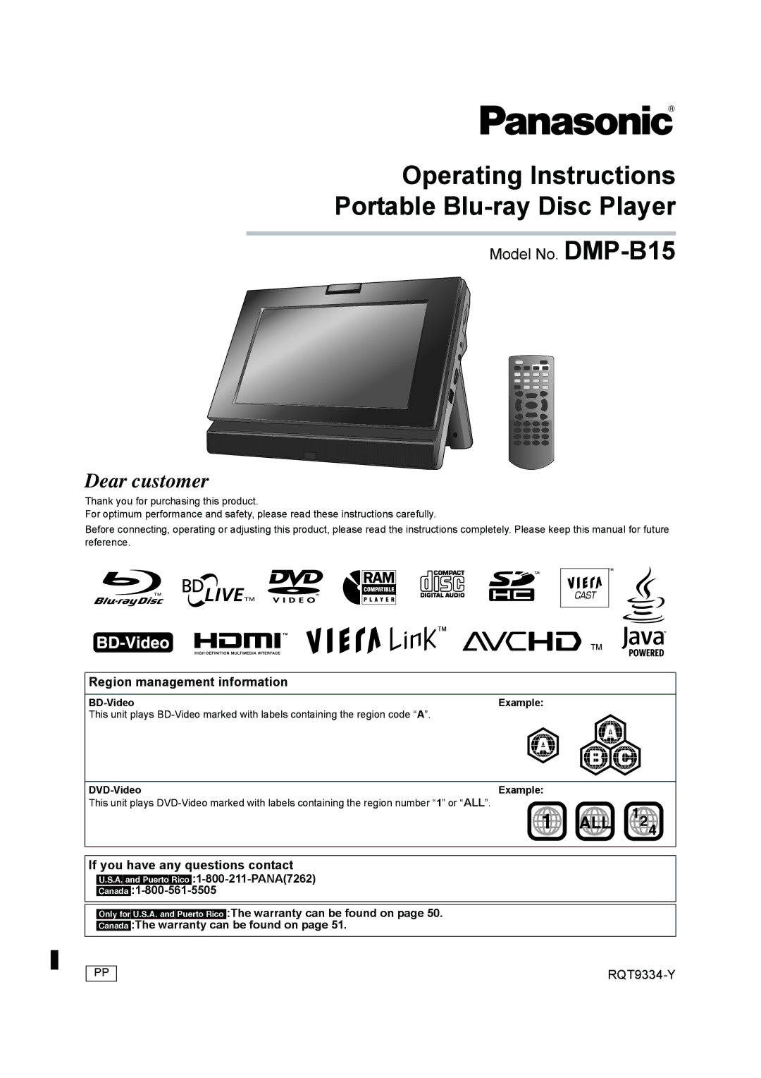 Panasonic DMP-B15 operating instructions Region management information, If you have any questions contact, BD-Video 