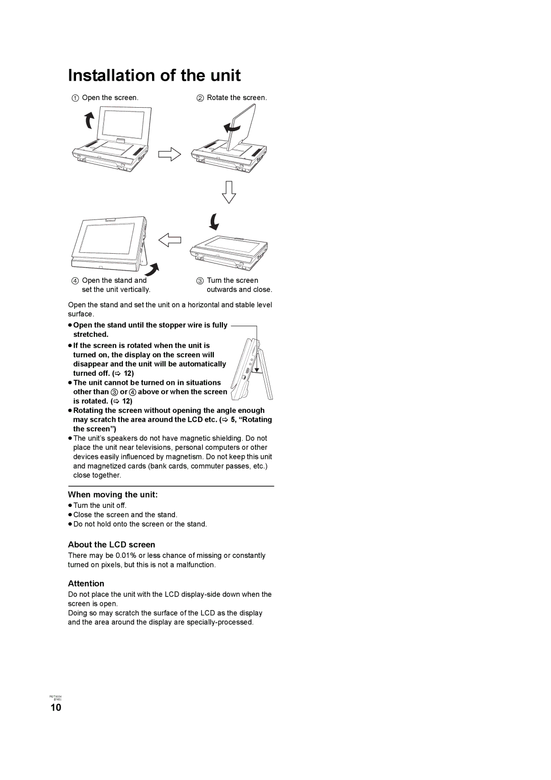 Panasonic DMP-B15 operating instructions Installation of the unit, When moving the unit, About the LCD screen 